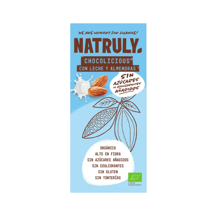Natruly ekologiškas pieniškas šokoladas su migdolais, be pridėtinio cukraus, be gliuteno, 85 g