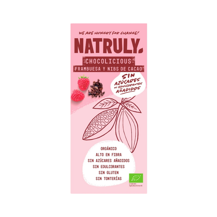 Natruly ekologiškas juodas šokoladas su aviečių ir kakavos gabalėliais be pridėtinio cukraus, be gliuteno 85 g
