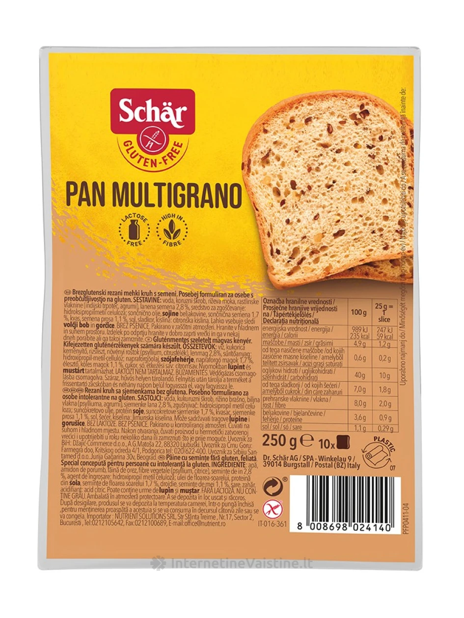 Schär PAN MULTIGRANO – raikyta duona su grūdais be glitimo, 250g