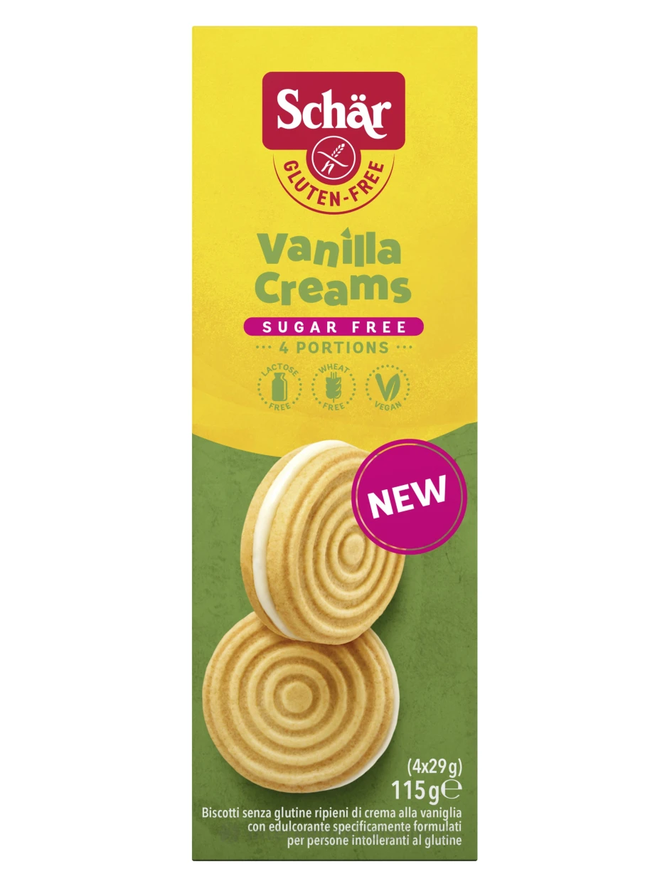 Schär VANILLA CREAMS – vanilės skonio sausainiai be glitimo, 115g