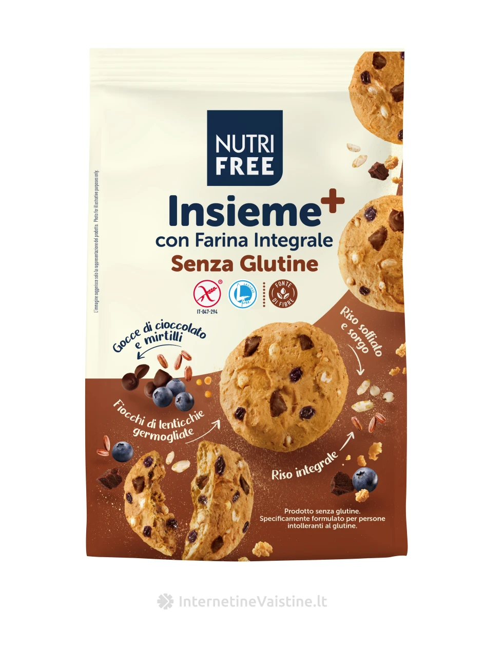NUTRIFREE INSIEME+ - sausainiai su mėlynėmis ir šokolado gabaliukais, be glitimo, 250g