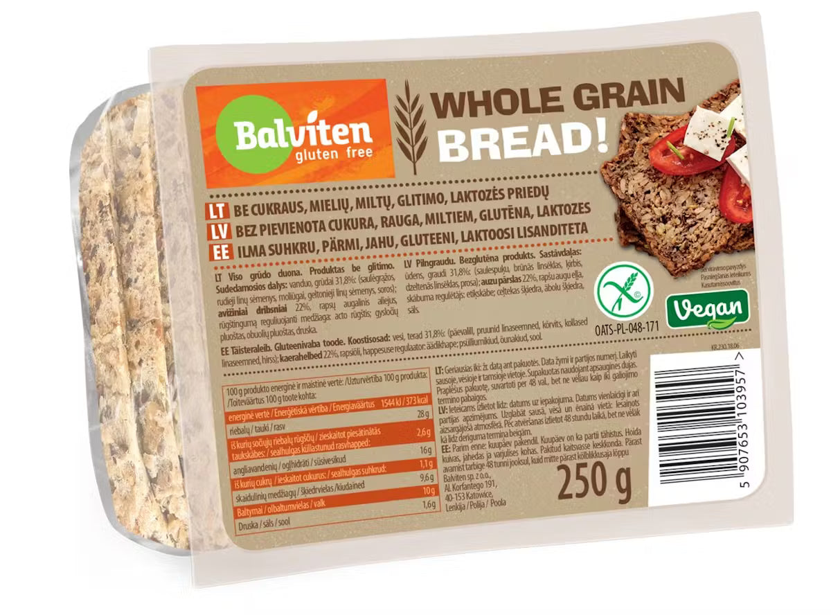 Pilno grūdo duona BALVITEN GLUTEN FREE, veganiška, raikyta 250 g
