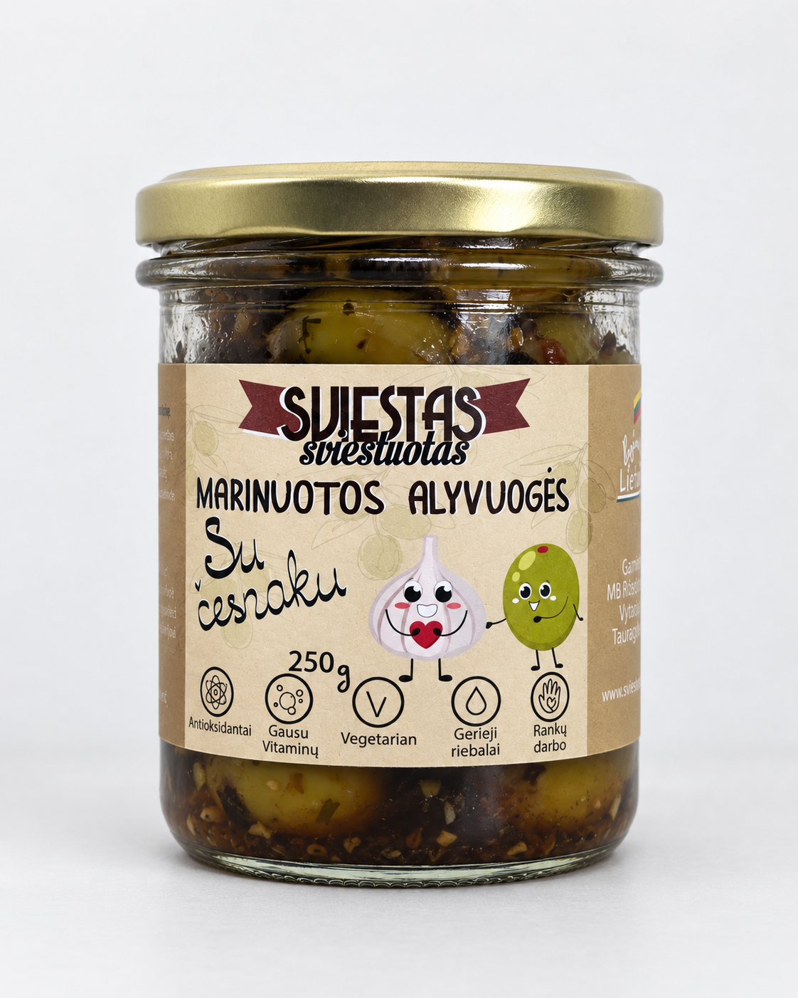 Marinuotos alyvuogės su česnaku 250 g – 250 g pakuotė