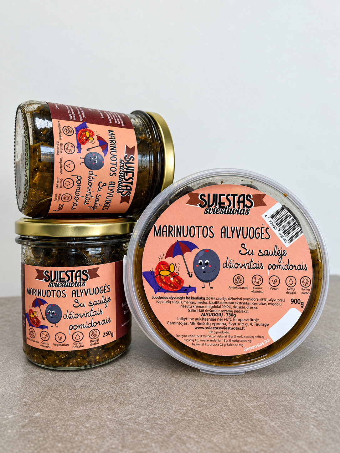 Marinuotos alyvuogės su saulėje džiovintais pomidorais 250 g – grupinė nuotrauka