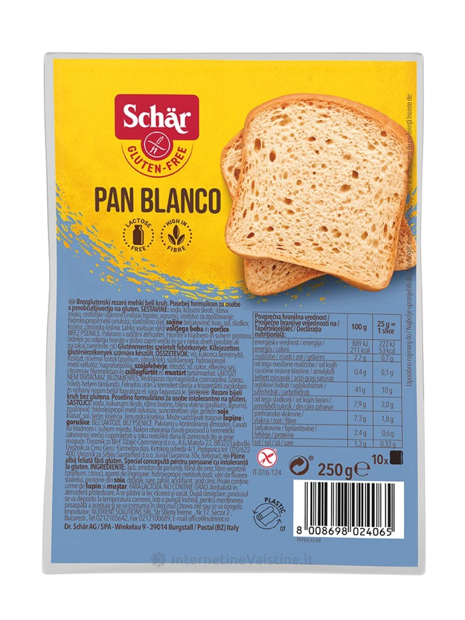 Schär PAN BLANCO – raikyta balta duona be glitimo, 250g