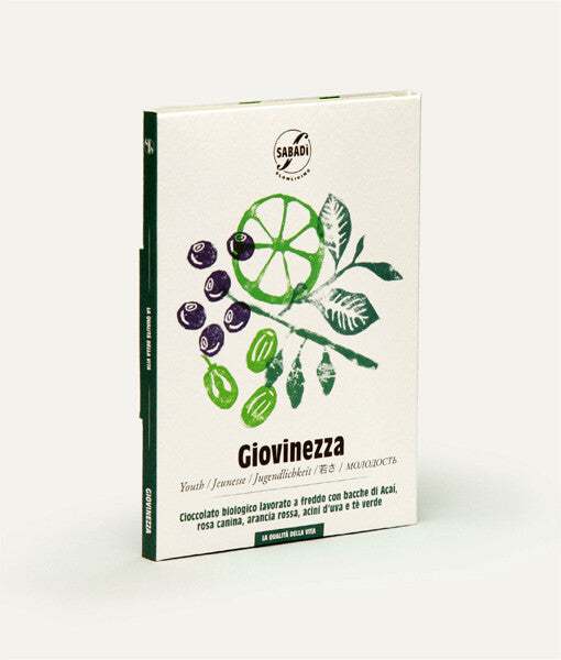 Ekologiškas šokoladas „Giovinezza“ su acai uogomis, erškėtuogėmis ir apelsinais, 50 g / SABADÌ