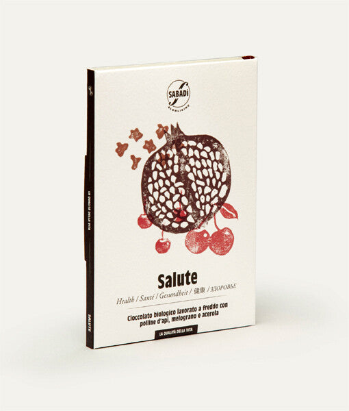 Ekologiškas šokoladas „Salute“ su bičių žiedadulkėmis, granatais ir acerola, 50 g / SABADÌ