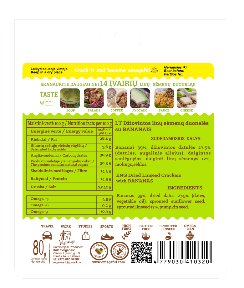 Omegafull duonelės su bananais, be glitimo 80g