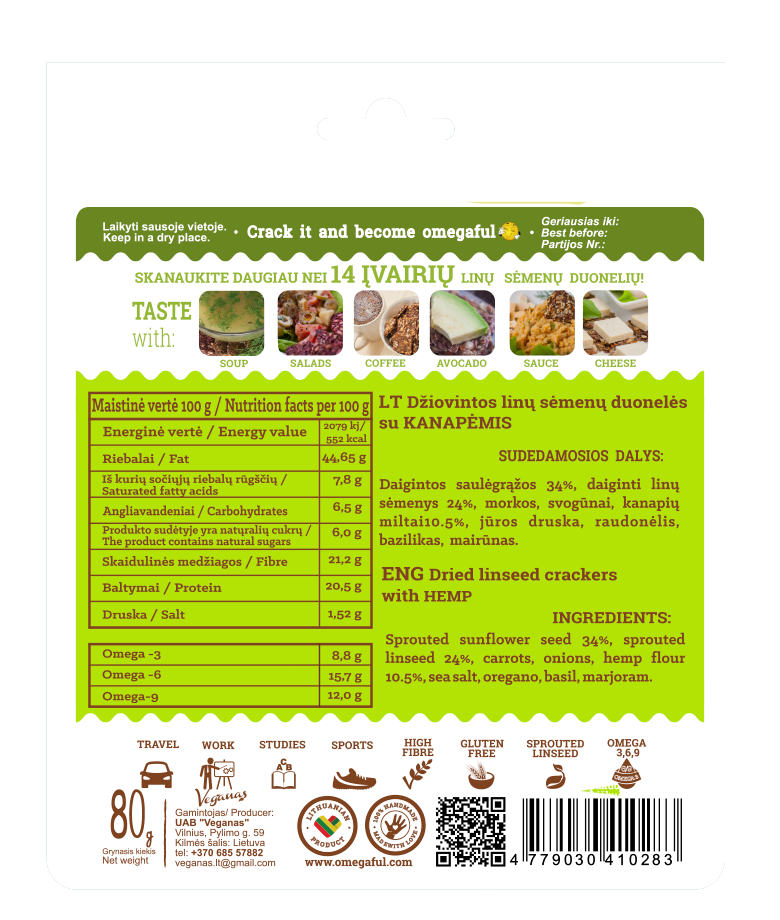 Omegafull duonelės su kanapėmis, be glitimo 80g