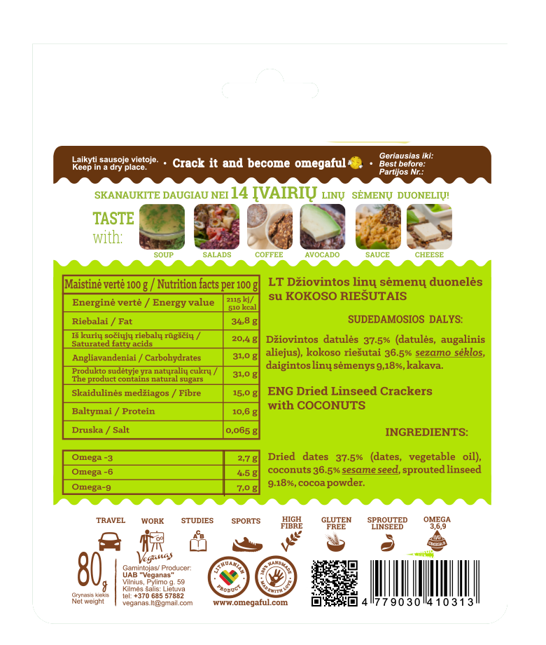 Omegafull duonelės su kokoso riešutais, be glitimo 80g