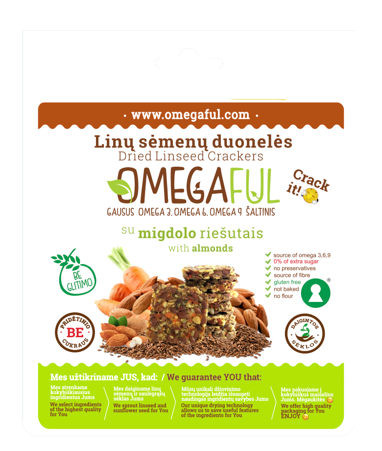 DŽIOVINTOS LINŲ SĖMENŲ DUONELĖS SU MIGDOLO RIEŠUTAIS 80 g